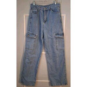 Jeans Womens Wide Leg Blue Cargo Denim Cotton Light Wash Size Small
